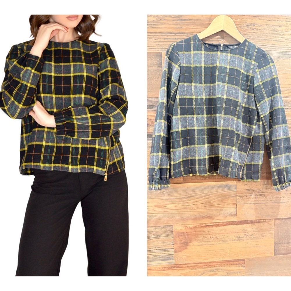 Zara Plaid Wool Blend Knit Sweater Top with Zipper Detail